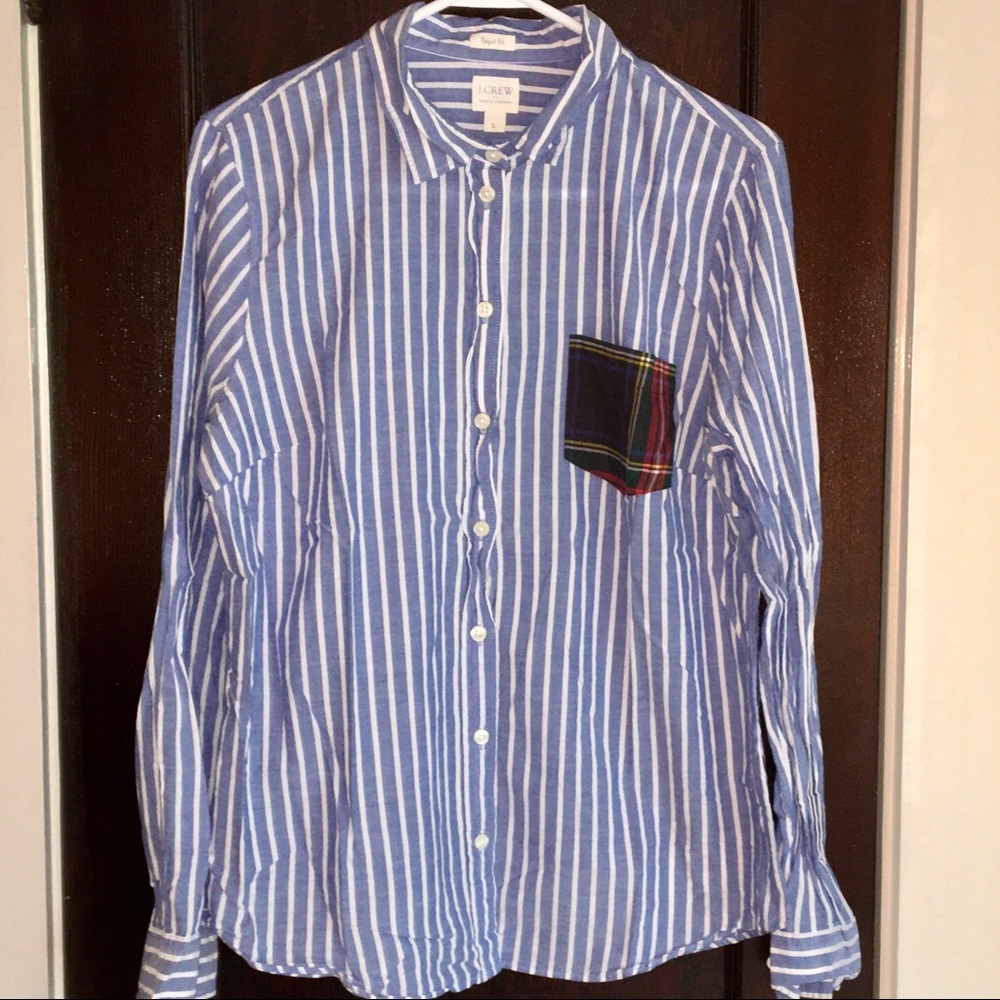 euc jcrew striped button up w tartan pocket h1350